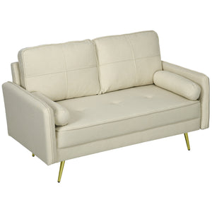 2 seater upholstered sofa with back cushions and pillows, beige