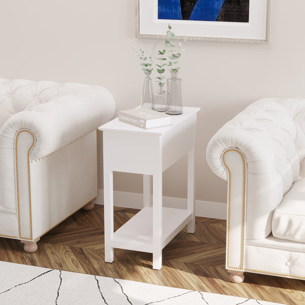 Folding side table with storage shelf and cable management, white
