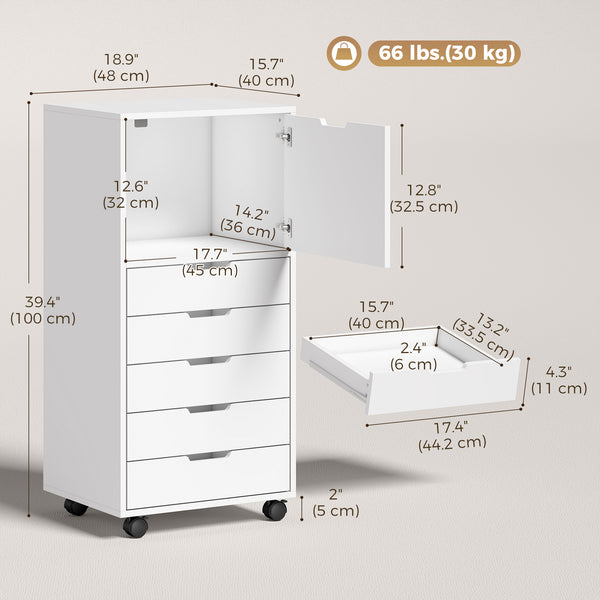 5-drawer mobile file cabinet and storage unit, white