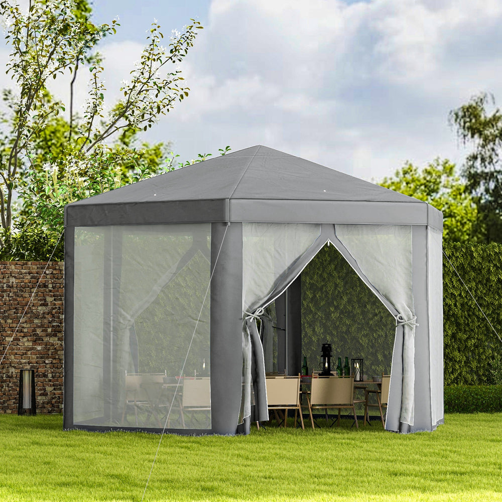 Hexagon Party Tent, Patio Gazebo with Netting Mesh, Dark Grey