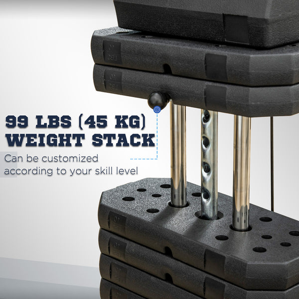 Multifunction weight station with a 45 kg weight stack, for back, chest, arms, and a full body workout.