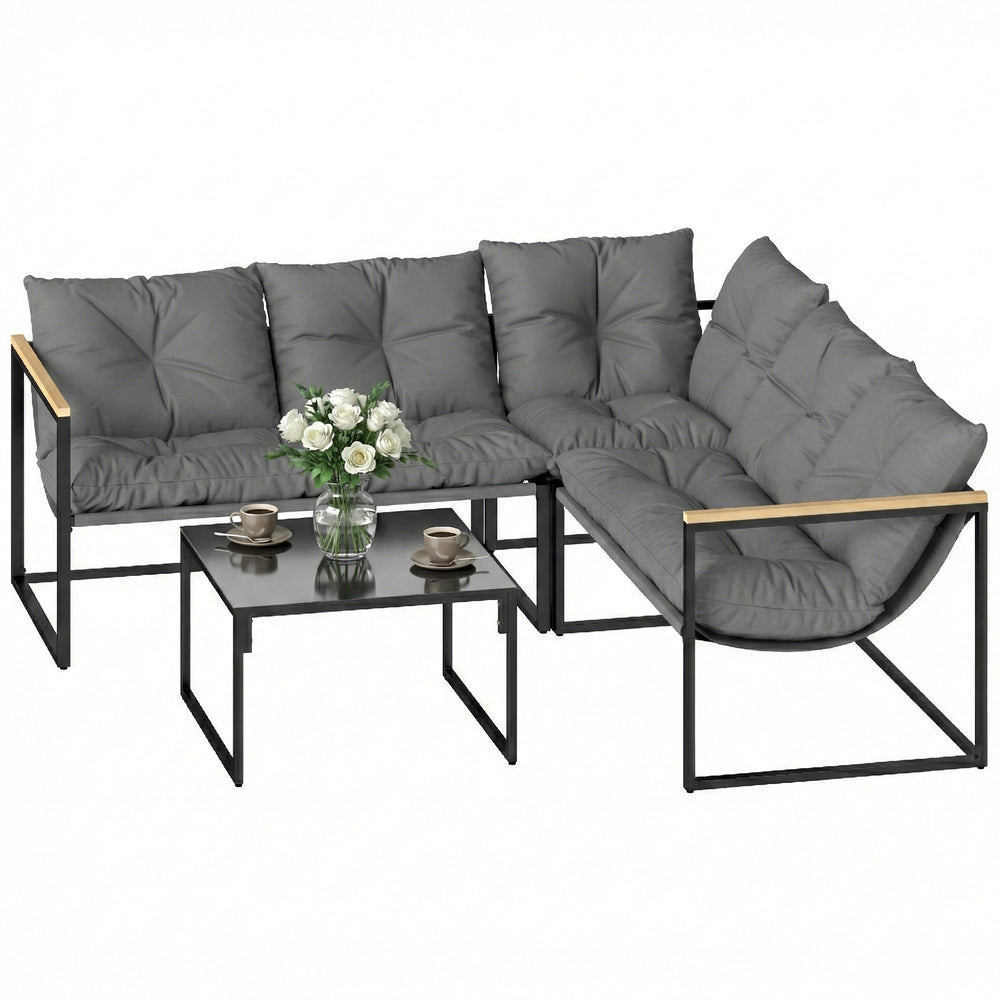 4-piece patio furniture set with thick cushions and coffee table, grey