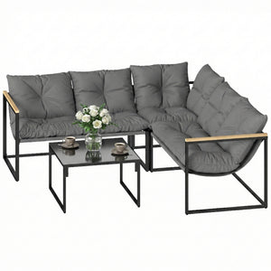 4-piece patio furniture set with thick cushions and coffee table, grey