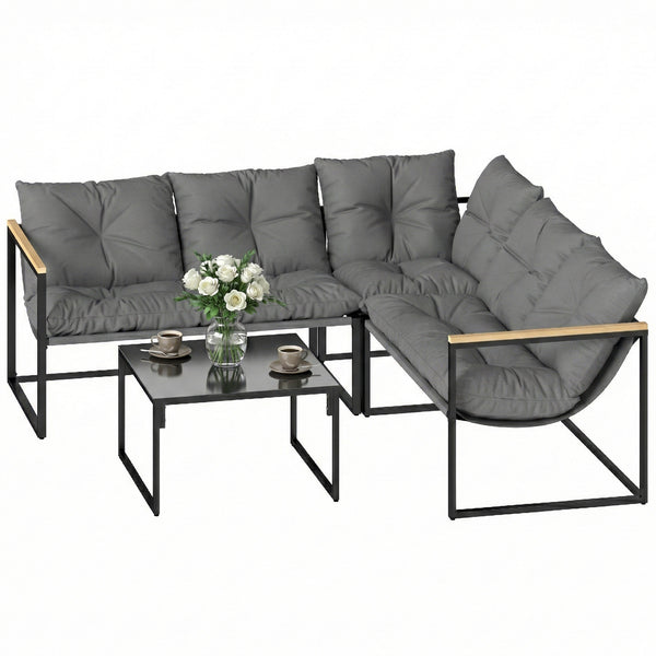 4-piece patio furniture set with thick cushions and coffee table, grey