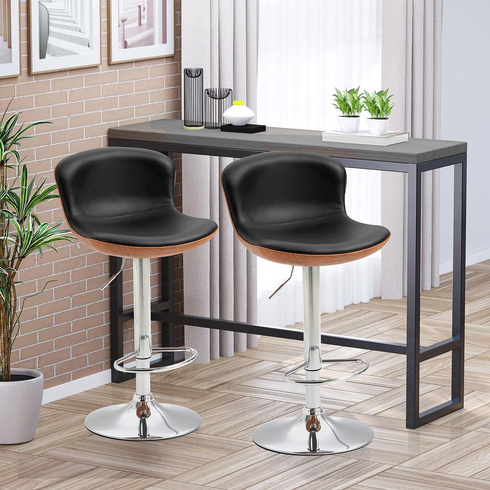 Set of 2 modern bar stools with backrest and swivel footrest, black