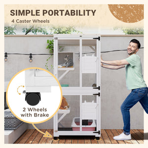 Raised enclosure with wheels, resting tray, water-resistant, white