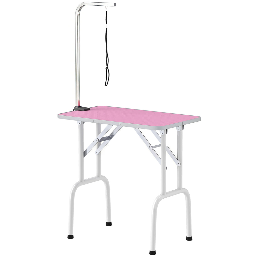 Foldable Pet Grooming Table for Dogs Cats with Adjustable Arm, Non-slip Surface, Pink