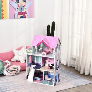 2.9ft Kids Wooden Dollhouse with Furniture, Pink