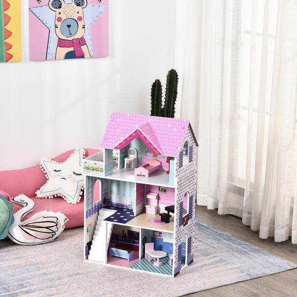 2.9ft Kids Wooden Dollhouse with Furniture, Pink