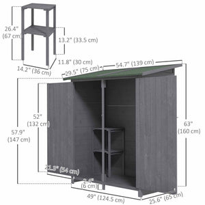 Garden shed with asphalt roof, double wooden door, shelf, green and grey