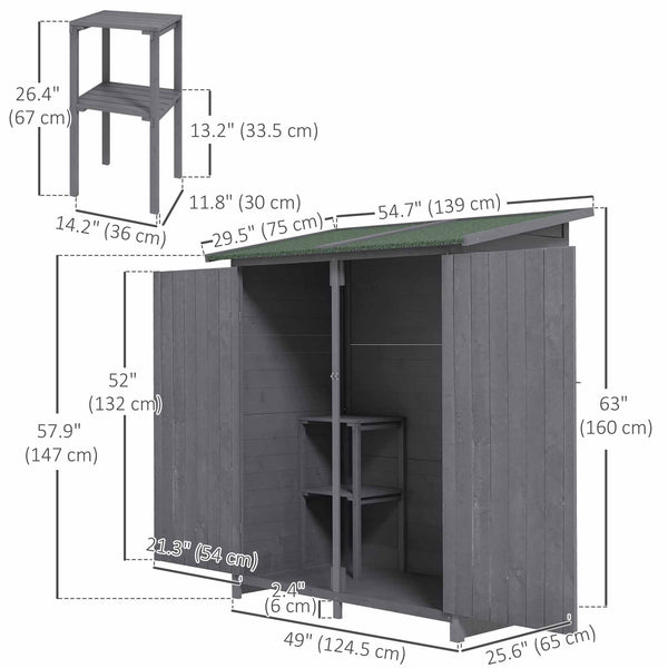 Garden shed with asphalt roof, double wooden door, shelf, green and grey