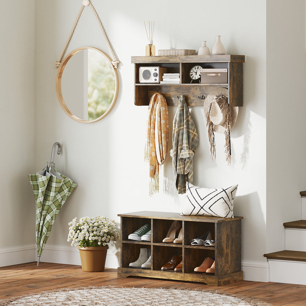 Rustic Brown Coat Rack and Shoe Bench Set