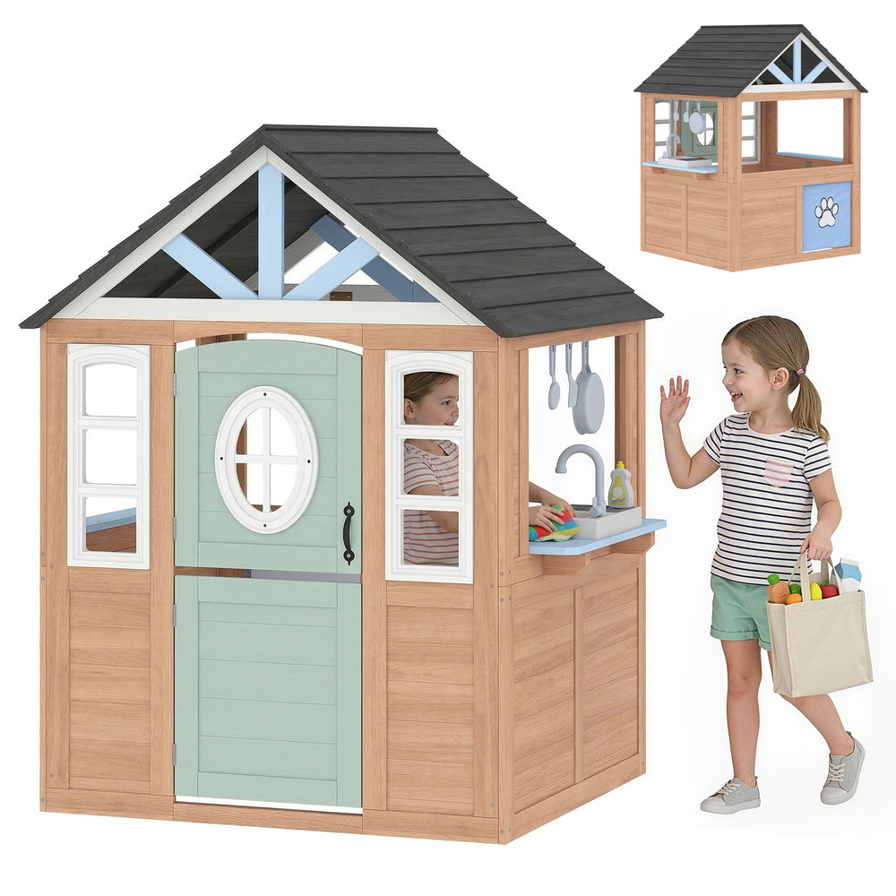 Outdoor wooden playhouse with cat flap, play kitchen, half door and windows for indoor and outdoor use.