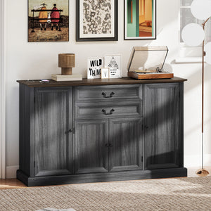 Farmhouse buffet with charging station and thick top with 2 soft-close drawers, gray/black
