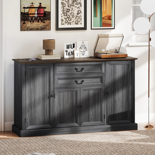 Farmhouse buffet with charging station and thick top with 2 soft-close drawers, gray/black