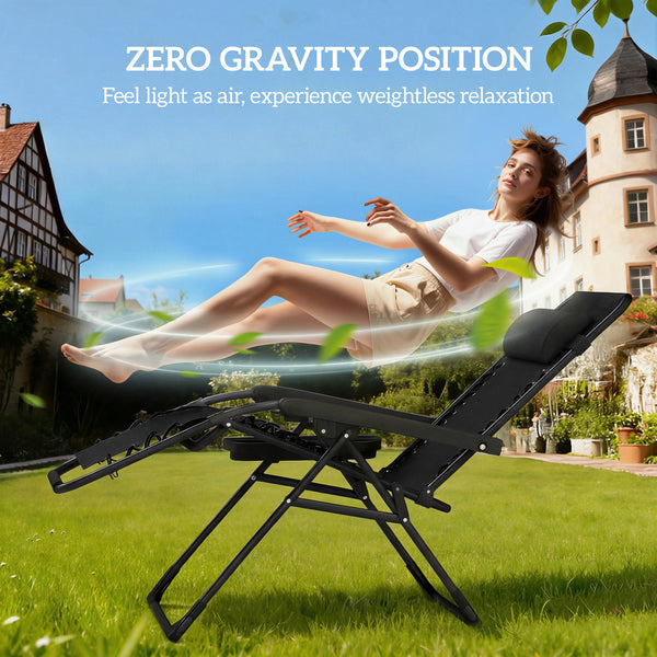 Set of 2 Zero Gravity Outdoor Lounge Chairs, Folding and Reclining, with Cup Holder and Headrest, Black.