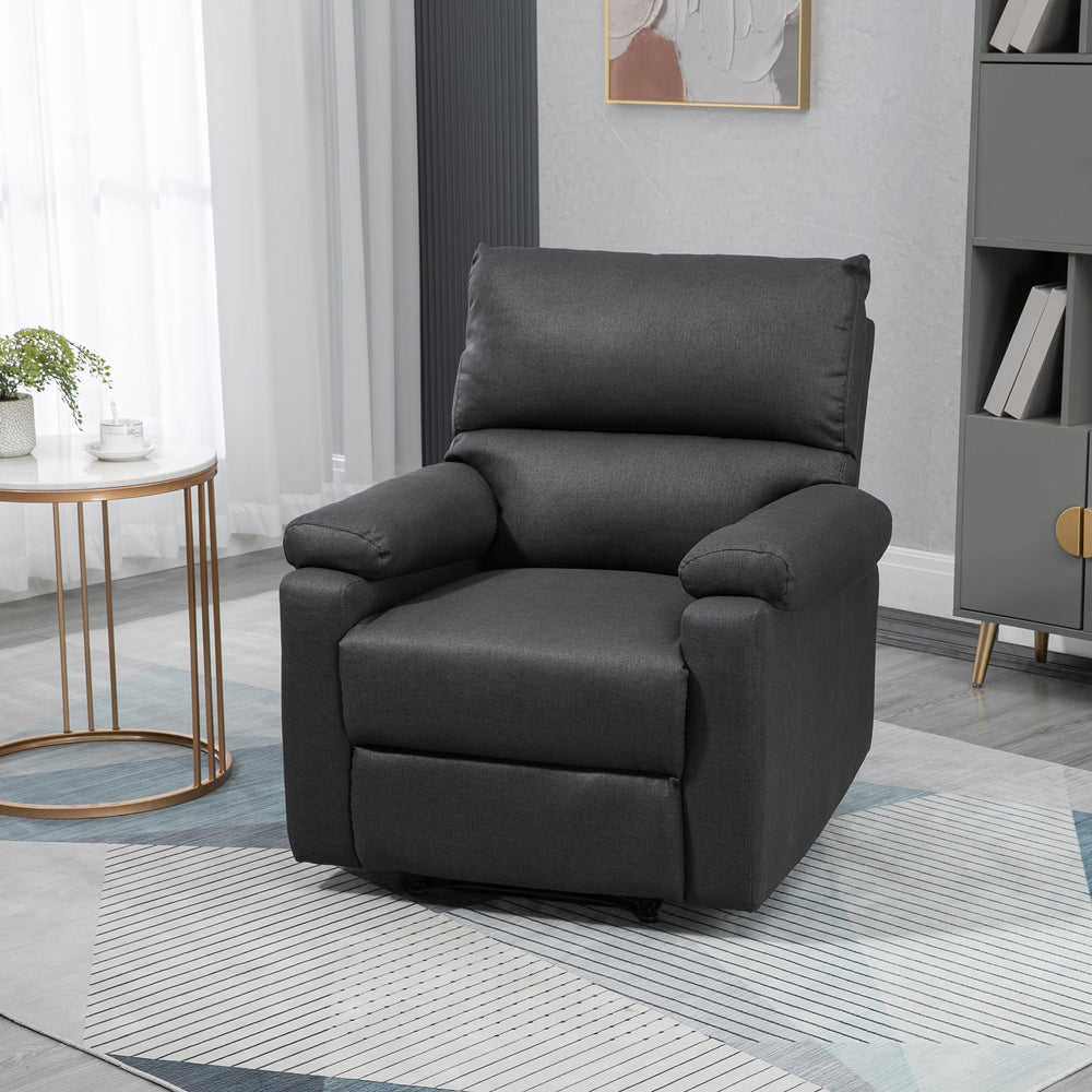 Manual recliner chair with footrest, upholstered seat, dark gray
