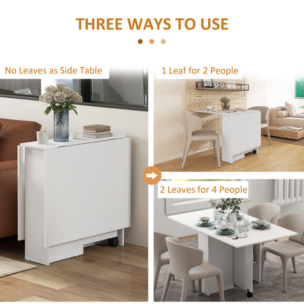 Folding dining table for small spaces with storage shelves, white