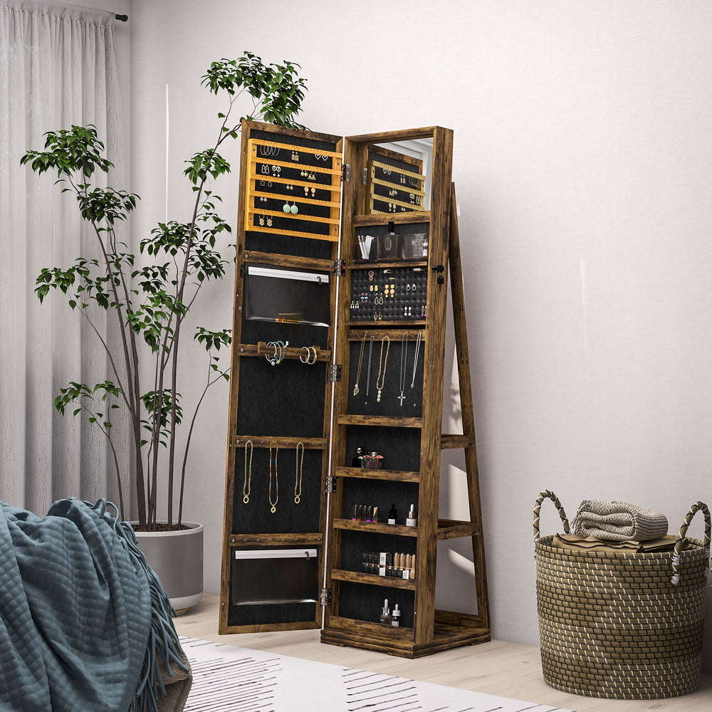 360° Rotating Jewelry Cabinet, Lockable, with Built-in Mirror, Rustic Brown