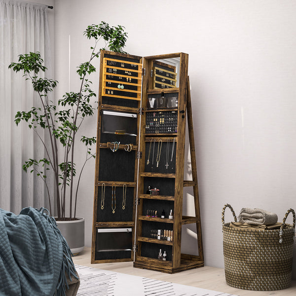 360° Rotating Jewelry Cabinet, Lockable, with Built-in Mirror, Rustic Brown