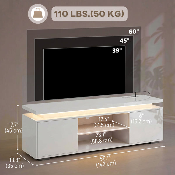 Meuble pour téléviseurs jusqu'à 60 pouces avec éclairage LED et prises électriques, blanc brillant