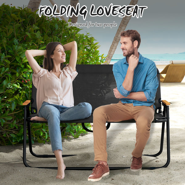 Folding 2-seater garden bench with armrests, black