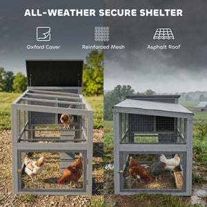 Large wooden chicken coop with covered run, nesting box, removable tray, and asphalt roof