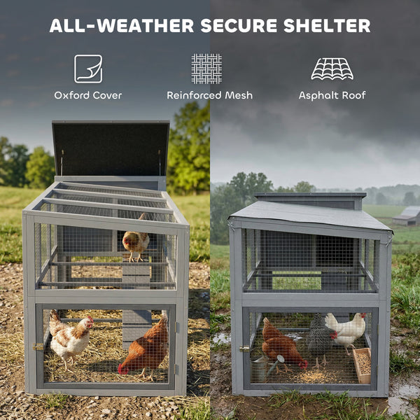 Large wooden chicken coop with covered run, nesting box, removable tray, and asphalt roof
