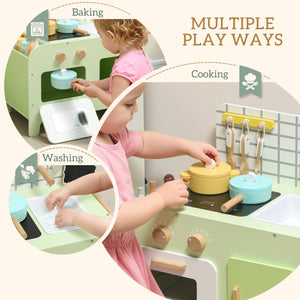 Children's kitchen with 15 accessories, microwave oven, cupboards, green