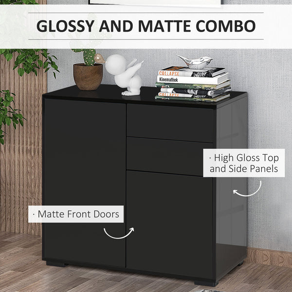 Glossy lacquered sideboard with 2 drawers, 2 doors and an adjustable shelf, push-to-open, black