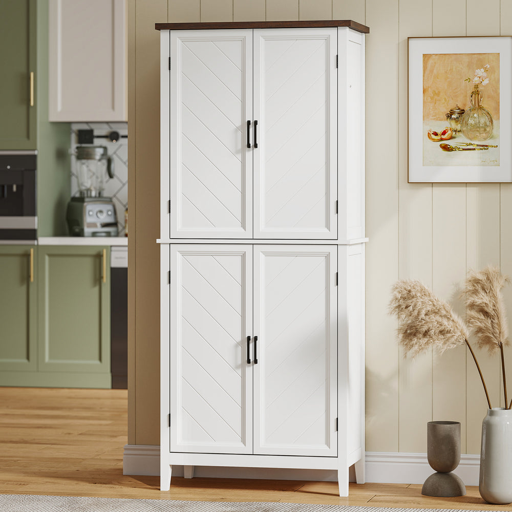 Modern farmhouse kitchen storage cabinet with 4 chevron doors and 4 adjustable shelves, white.