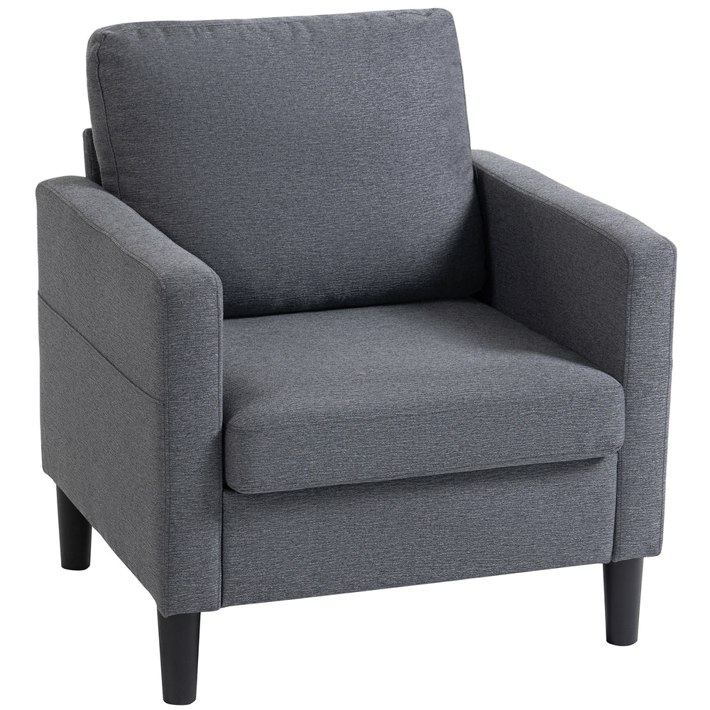 Modern upholstered armchair with thick, padded seat and armrests, dark grey 