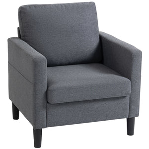 Modern upholstered armchair with thick, padded seat and armrests, dark grey 