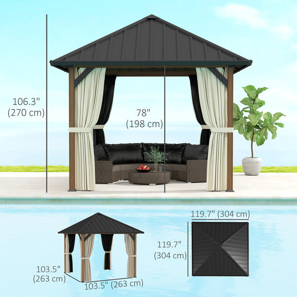 10' x 10' Hardtop Gazebo with Galvanized Steel Roof, Permanent Garden Gazebo with Netting and Curtains
