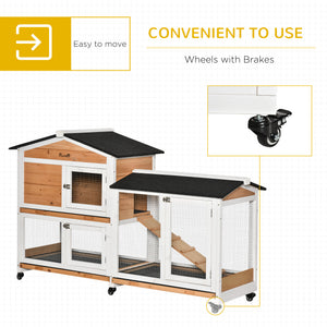 Wooden hutch with wheels, enclosure, tray, and ramp