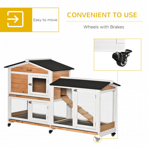 Wooden hutch with wheels, enclosure, tray, and ramp