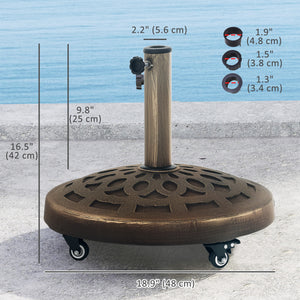 Round Parasol Base with 20kg Resin Casters, Heavy Duty for 3.3cm, 3.8cm and 4.8cm Poles, Bronze