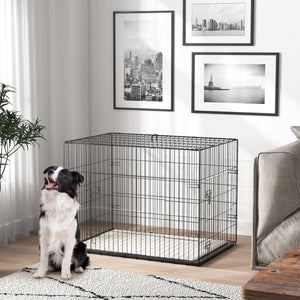 35" Dog Crate with 2 Doors, Folding Metal Dog Cage with Soft Cushion, Removable Tray, Handle, Black