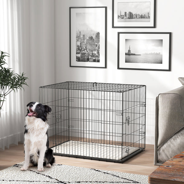 35" Dog Crate with 2 Doors, Folding Metal Dog Cage with Soft Cushion, Removable Tray, Handle, Black