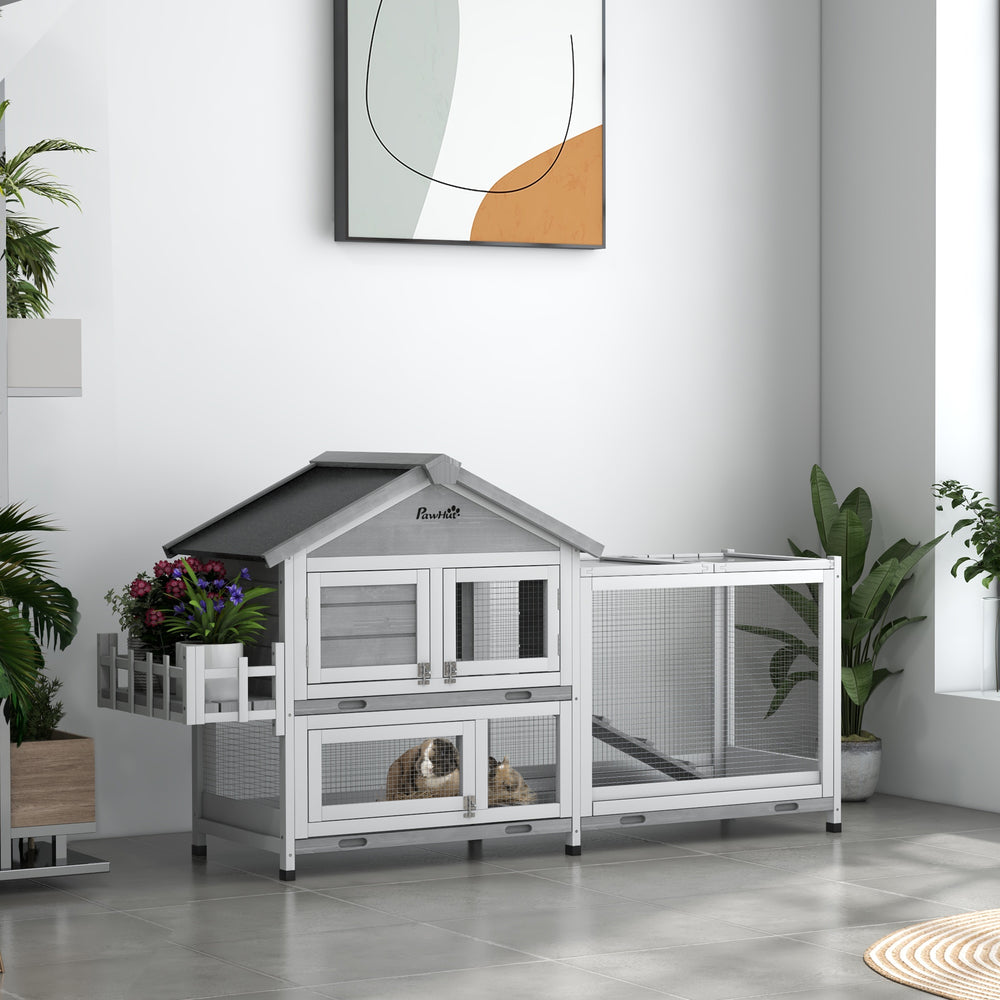 Wooden hutch with opening roof and storage box, grey