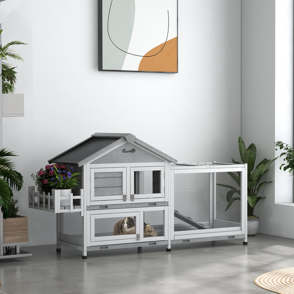 Wooden hutch with opening roof and storage box, grey