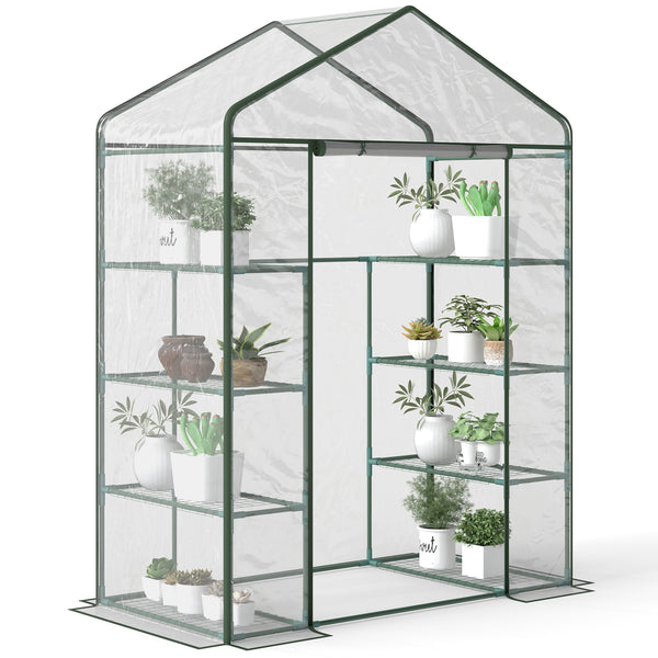 Portable Garden Greenhouse with 4 Shelves and Roll-Up Zippered Door, Transparent