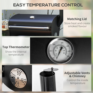 Charcoal barbecue with thermometer, shelves and wheels, black