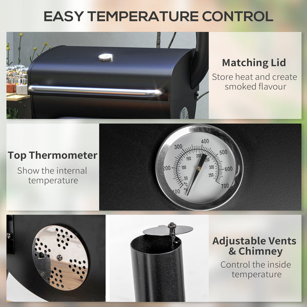 Charcoal barbecue with thermometer, shelves and wheels, black