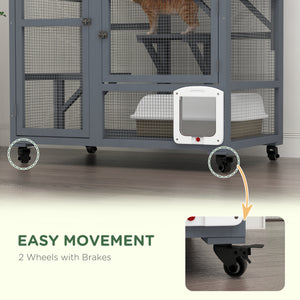Wooden cat enclosure on wheels with cat flap, grey
