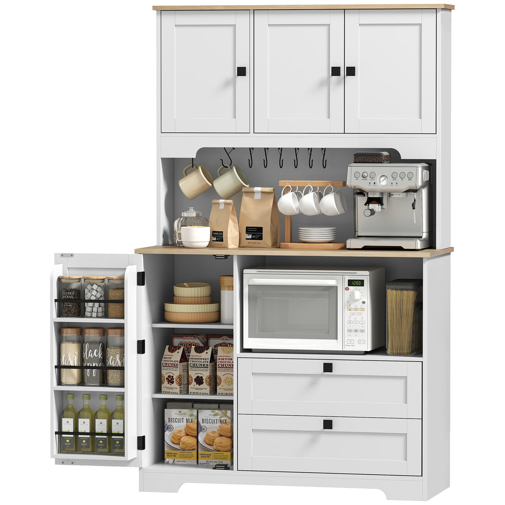 Kitchen cabinet with 3 cupboards, 2 drawers, adjustable shelves, and microwave stand, white