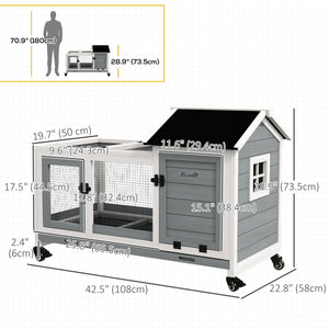 Rabbit hutch with wheels, ramp, run, and tray, gray