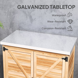 Garden storage unit with metal top, natural color