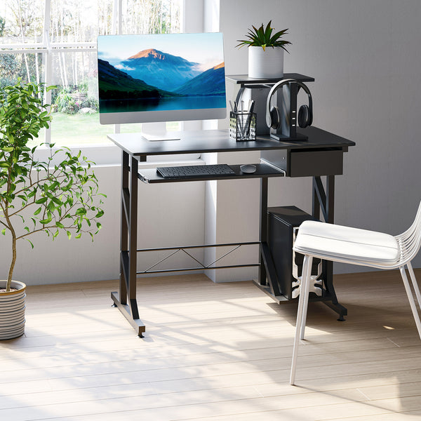 Computer desk with keyboard tray and drawer, black