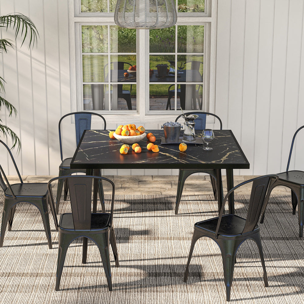 Outdoor dining table with tempered glass top with marble effect, black